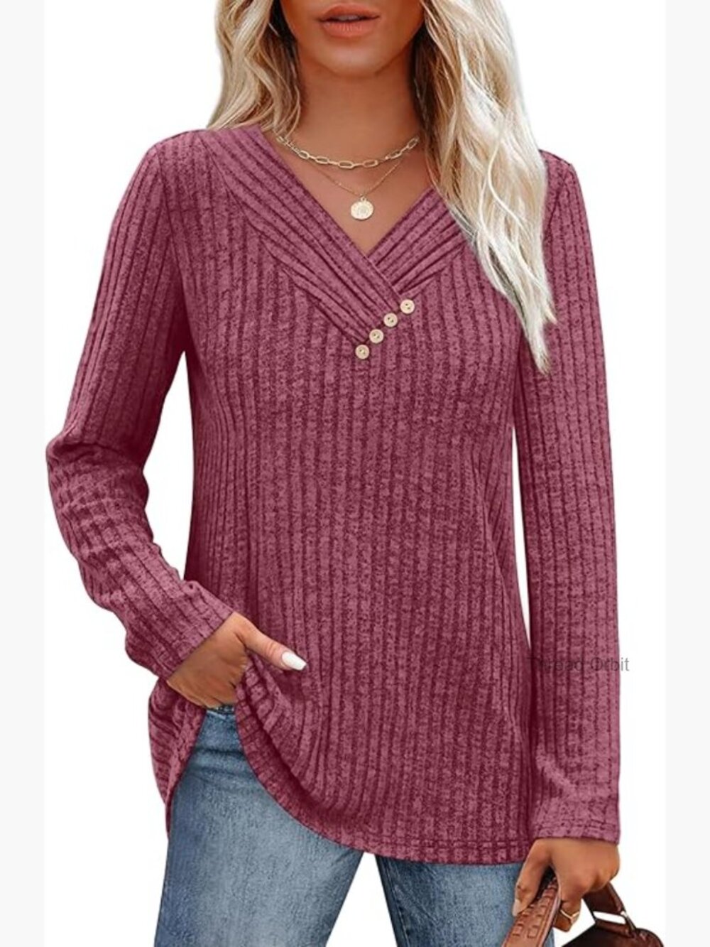 V Neck Long Sleeve Tunic Sweater with Buttons Loose Fit